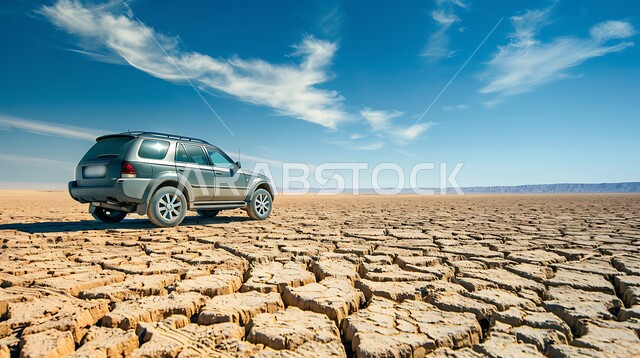 الارضي الطينية المتشققة في موسم الجفاف ، سيارة بيضاء وسط الصحراء ، الأنشطة الترفيهية لقيادة السيارات في المناطق الصحراوية ، مغامرات ورحلات السفاري في الصحاري اثناء النهار ، الطبيعة الجبلية في المملكة العربية السعودية