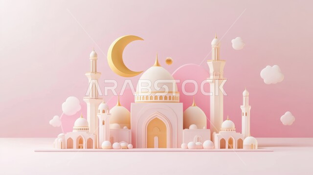  مجسم ثلاثي الابعاد لمسجد على الطراز الاسلامي، تصاميم اسلامية دينية، زينة وديكورات الاعياد والمناسبات الدينية، العبادة والتقرب الى الله في شهر رمضان المبارك، أجواء رمضانية روحانية، خلفية بيضاء