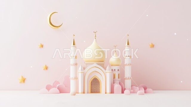  مجسم ثلاثي الابعاد لمسجد على الطراز الاسلامي، تصاميم اسلامية دينية، زينة وديكورات الاعياد والمناسبات الدينية، العبادة والتقرب الى الله في شهر رمضان المبارك، أجواء رمضانية روحانية، خلفية بيضاء