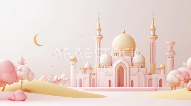 مجسم ثلاثي الابعاد لمسجد على الطراز الاسلامي، تصاميم اسلامية دينية، زينة وديكورات الاعياد والمناسبات الدينية، العبادة والتقرب الى الله في شهر رمضان المبارك، أجواء رمضانية روحانية، خلفية بيضاء