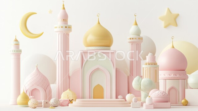  مجسم ثلاثي الابعاد لمسجد على الطراز الاسلامي، تصاميم اسلامية دينية، زينة وديكورات الاعياد والمناسبات الدينية، العبادة والتقرب الى الله في شهر رمضان المبارك، أجواء رمضانية روحانية، خلفية بيضاء