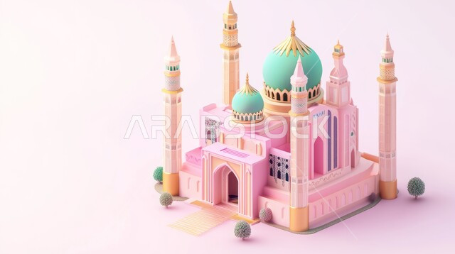  مجسم ثلاثي الابعاد لمسجد على الطراز الاسلامي، تصاميم اسلامية دينية، زينة وديكورات الاعياد والمناسبات الدينية، العبادة والتقرب الى الله في شهر رمضان المبارك، أجواء رمضانية روحانية، خلفية بيضاء