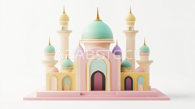  مجسم ثلاثي الابعاد لمسجد على الطراز الاسلامي، تصاميم اسلامية دينية، زينة وديكورات الاعياد والمناسبات الدينية، العبادة والتقرب الى الله في شهر رمضان المبارك، أجواء رمضانية روحانية، خلفية بيضاء