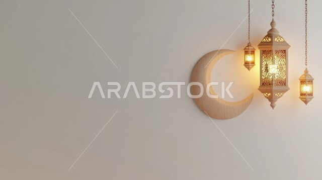 التحضير لقدوم رمضان المبارك، التحف والاكسسوارات والزينة الرمضانية، الاحتفال بالمناسبات والأعياد الدينية، صورة مقربة لهلال وفانوس معدني مضيئ مزخرف معلق، التصاميم الاسلامية المميزة لفوانيس شهر الخير والبركة
