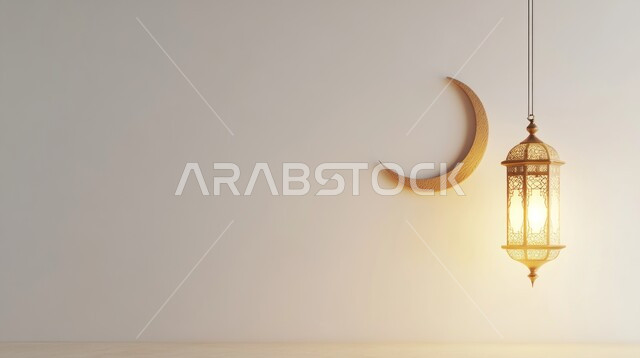 التحضير لقدوم رمضان المبارك، التحف والاكسسوارات والزينة الرمضانية، الاحتفال بالمناسبات والأعياد الدينية، صورة مقربة لهلال وفانوس معدني مضيئ مزخرف معلق، التصاميم الاسلامية المميزة لفوانيس شهر الخير والبركة