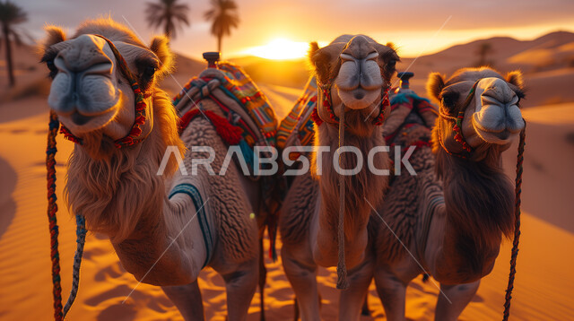 النباتات والأشجار الخضراء في الأماكن الصحراوية، محميات طبيعية برية للعناية بالابل، مفهوم الاهتمام بتربية الجمال ورعاية المواشي والثدييات في المملكة العربية السعودية، منظر الكثبان الرملية