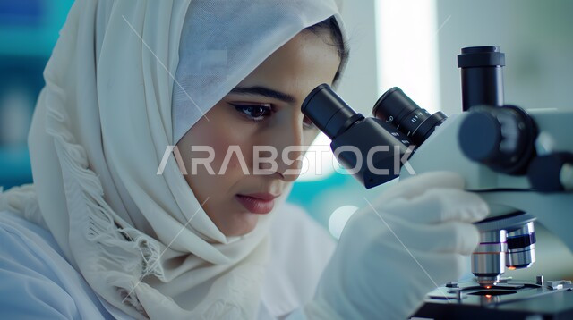استخدام أجهزة الفحص المتطورة لتحليل العينات المختلفة، مختبرات الفحوصات الطبية والتحاليل الكيمائية، معمل الصناعات الدوائية، مخبرية عربية خليجية سعودية محجبة ترتدي المعطف والكمامة تقوم بالبحث حول العينة والنظر في المجهر، إجراء التجارب والبحوث العلمية الحيوية