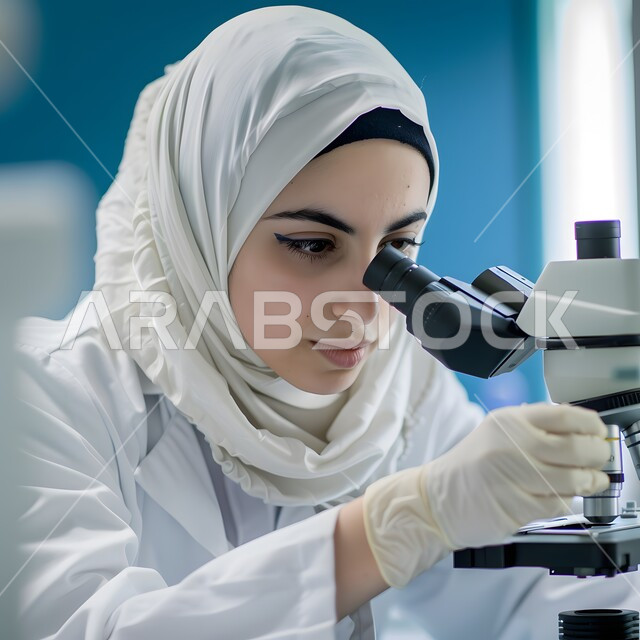استخدام أجهزة الفحص المتطورة لتحليل العينات المختلفة، مختبرات الفحوصات الطبية والتحاليل الكيمائية، معمل الصناعات الدوائية، مخبرية عربية خليجية سعودية محجبة ترتدي المعطف والكمامة تقوم بالبحث حول العينة والنظر في المجهر، إجراء التجارب والبحوث العلمية الحيوية