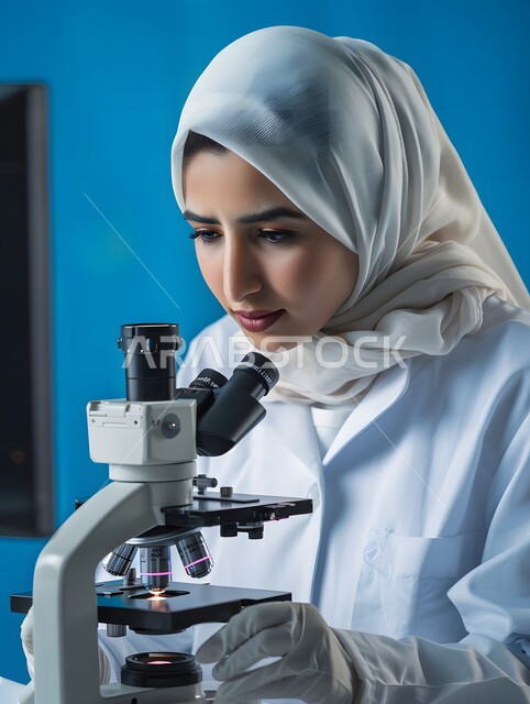 استخدام أجهزة الفحص المتطورة لتحليل العينات المختلفة، مختبرات الفحوصات الطبية والتحاليل الكيمائية، معمل الصناعات الدوائية، مخبرية عربية خليجية سعودية محجبة ترتدي المعطف والكمامة تقوم بالبحث حول العينة والنظر في المجهر، إجراء التجارب والبحوث العلمية الحيوية