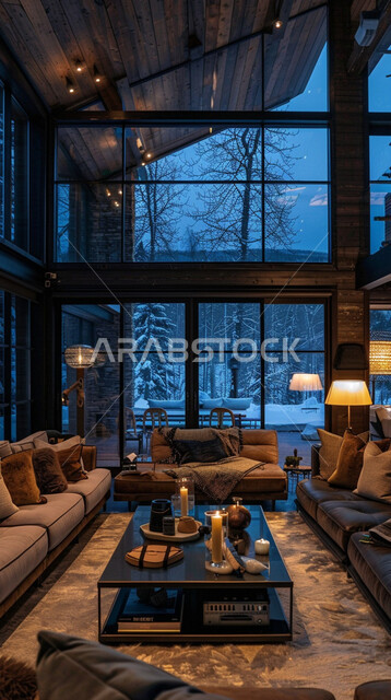 ديكورات داخليه متميزة على الطراز الحديث، غرف جلوس بأثاث منزلي مريح، تحف واكسسوارات راقية ،واجهات زجاجية ضخمة مطلة على الأجواء الشتوية، غرفة معيشة بتصميمات عصرية، شقق وفلل سكنية, فنادق ومنتجعات فاخره