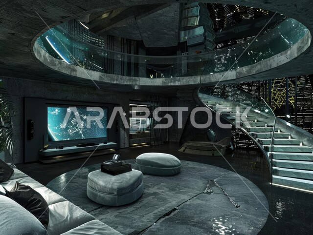 Integrating artificial intelligence with interior home decorations, using advanced devices in contemporary homes, a home with elegant white furniture and advanced technologies, the concept of development and keeping up with electronics, modern designs for smart homes, digital transformation in architectural arts