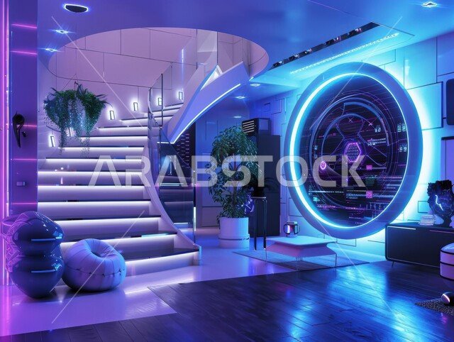 دمج الذكاء الاصطناعي مع الديكورات المنزلية الداخلية، استخدام الاجهزة المتطورة في البيوت المعاصرة، منزل بأثاث ابيض انيق وتقنيات متقدمة، مفهوم التطور ومواكبة الالكترونيات, تصاميم عصرية للمنازل الذكية, التحول الرقمي في الفنون المعمارية