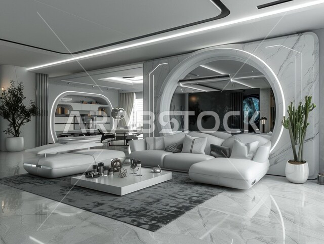 دمج الذكاء الاصطناعي مع الديكورات المنزلية الداخلية، استخدام الاجهزة المتطورة في البيوت المعاصرة، منزل بأثاث ابيض انيق وتقنيات متقدمة، مفهوم التطور ومواكبة الالكترونيات, تصاميم عصرية للمنازل الذكية, التحول الرقمي في الفنون المعمارية