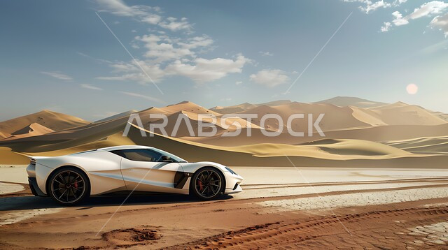 مغامرة مثيرة على الرمال الذهبية الناعمة لصحراء المملكة العربية السعودية  ،قيادة سيارة رياضية رمادية اللون وسط الصحراء ،هوايات الاستمتاع بالكثبان الرملية والتلال في المناطق الصحراوية