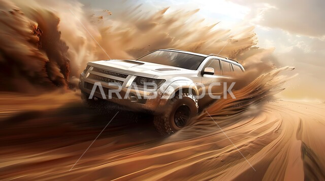 مغامرات السفاري على الكثبان الرملية في وقت النهار في صحراء المملكة العربية السعودية ،صورة لسيارة رانج روفر على الرمال الذهبية الناعمة ، لأنشطة الترفيهية لقيادة السيارات في المناطق الصحراوية ، هواية التطعيس بالسيارات