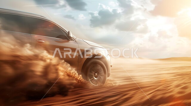 مغامرات السفاري على الكثبان الرملية في وقت النهار في صحراء المملكة العربية السعودية ،صورة لسيارة مسرعة على الرمال الذهبية الناعمة ، لأنشطة الترفيهية لقيادة السيارات في المناطق الصحراوية ، هواية التطعيس بالسيارات