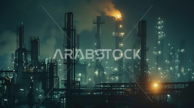 المشاريع البتروكيماوية المساهمة في نهضة الاقتصاد الوطني السعودي، منظر السماء في وقت الغسق مع الهياكل العالية المضيئة، مجال هندسة البترول في دول الخليج, مصفاة تكرير النفط والغاز, مصانع ومعامل النفط في المملكة العربية السعودية، مستودعات وخزانات كبيرة وضخمة