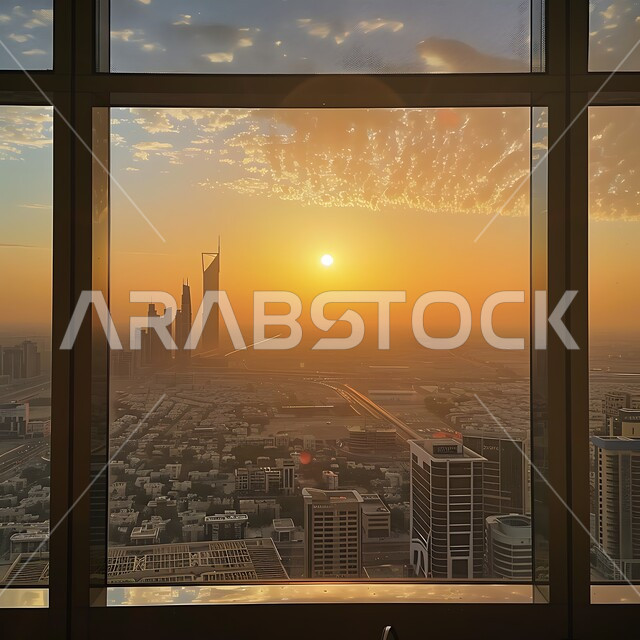 رؤية سعودية مستقبلية 2030، الفن الهندسي المعماري للأبراج وناطحات السحاب، بناء مستقبل حضاري ومتطور, منظر تخيلي مستقبلي للتقدم والنمو العمراني, المباني والمنشآت التجارية والمنازل السكنية في المملكة العربية السعودية وقت غروب الشمس 