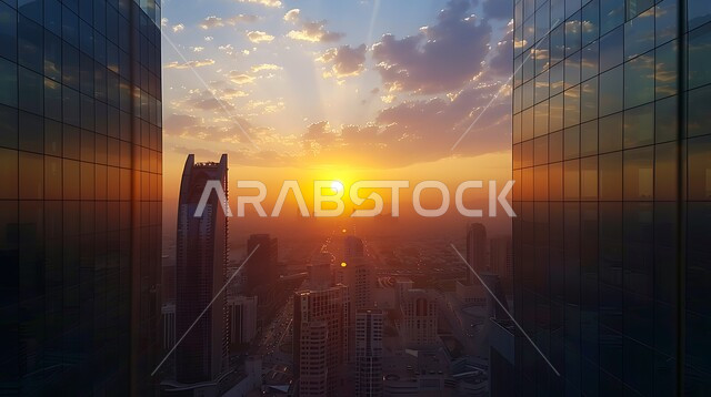 منظر تخيلي مستقبلي للتقدم والنمو العمراني، المباني والمنشآت التجارية والمنازل السكنية في المملكة العربية السعودية وقت غروب الشمس، رؤية سعودية مستقبلية 2030، الفن الهندسي المعماري للأبراج وناطحات السحاب، بناء مستقبل حضاري ومتطور