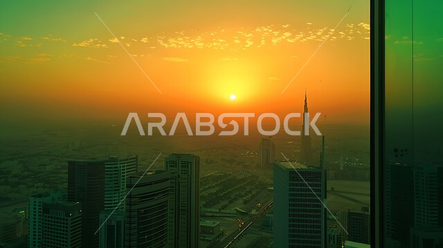 بناء مستقبل حضاري ومتطور, منظر تخيلي مستقبلي للتقدم والنمو العمراني, المباني والمنشآت التجارية والمنازل السكنية في المملكة العربية السعودية وقت غروب الشمس, رؤية سعودية مستقبلية 2030, الفن الهندسي المعماري للأبراج وناطحات السحاب