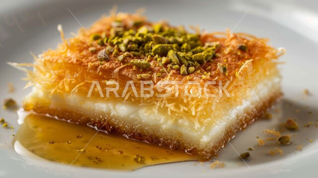 سكريات وحلويات بالقطر، طبق من حلا الكنافة المحشوة بالقشطة والمزينة بالفستق الحلبي، مطاعم ومأكولات في المملكة العربية السعودية، قطع الحلوى الشهية، وصفات شرقية مشهورة