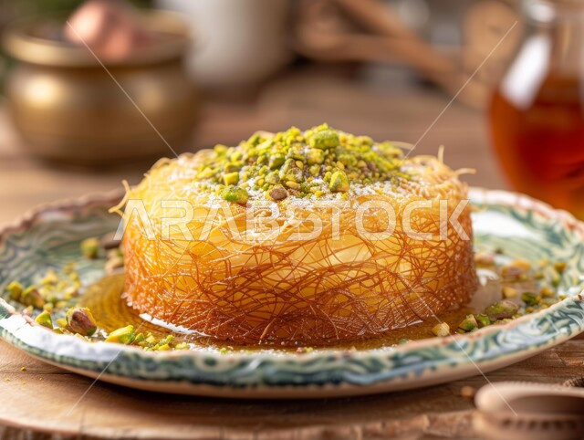 Famous oriental recipes, sweets and desserts with syrup, a plate of Kunafa dessert stuffed with cream and decorated with pistachios, foods and restaurants in the Kingdom of Saudi Arabia, delicious pieces of sweets