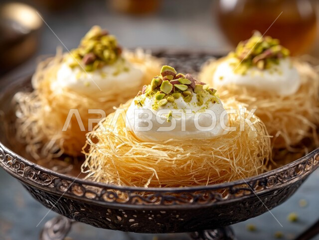 قطع الحلوى الشهية، وصفات شرقية مشهورة، طبق من حلا الكنافة المحشوة بالقشطة والمزينة بالفستق الحلبي، حلويات وسكريات بالقطر, مطاعم ومأكولات في المملكة العربية السعودية