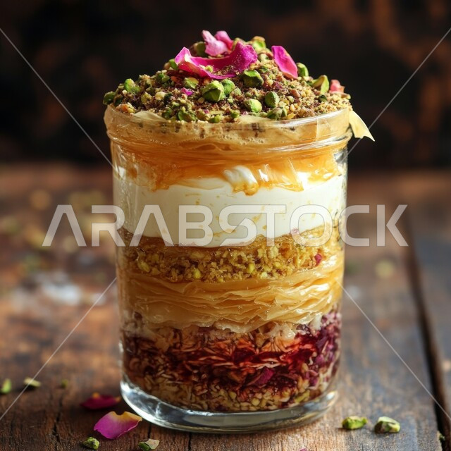Layers of Kunafa filled with cream and decorated with pistachios, sweets and sugars with syrup, famous oriental recipes, delicious sweets, restaurants and foods in the Kingdom of Saudi Arabia