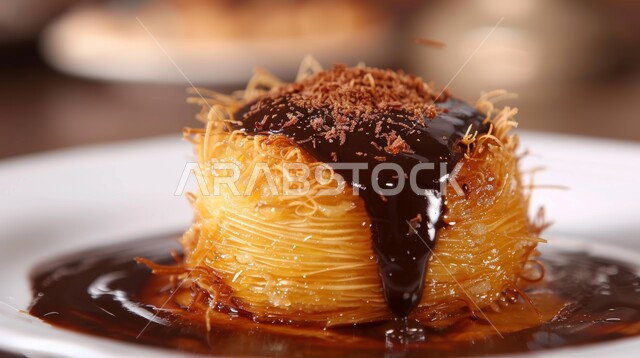 Chocolate sweets and desserts, a plate of Kunafa dessert stuffed with cream and decorated with chocolate sauce, restaurants and foods in the Kingdom of Saudi Arabia, delicious sweets, famous oriental recipes