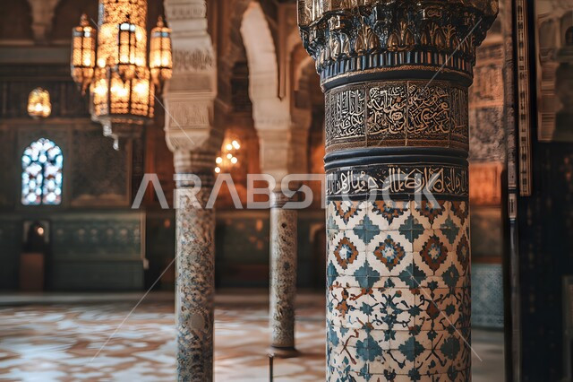 التصاميم والديكورات الأنيقة للمساجد، الفن الهندسي المعماري العريق، الزخارف والنقوش للاعمدة والاقواس على الطراز الاسلامي، صورة مقربة لعمود منقش بآيات قرآنية