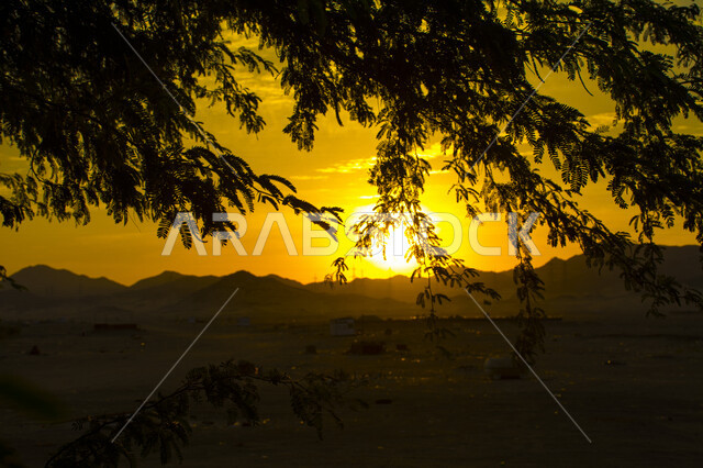 صورة جمالية خلابة لغروب وشروق الشمس البرتقالي , غروب وشروق الشمس الإبداعي في صحراء جدة , جمال الطبيعة الصحراوية الخلابة في وقت غروب وشروق الشمس ، صورة ظلية للجبال والطبيعة الخلابة بالسعودية