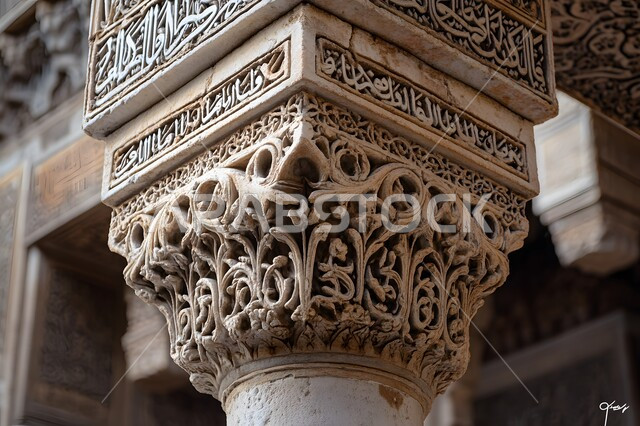 النقوش والزخارف للاعمدة والاقواس على الطراز الاسلامي، صورة مقربة لعمود منقش بآيات قرآنية، الفن الهندسي المعماري العريق، التصاميم والديكورات الأنيقة للمساجد
