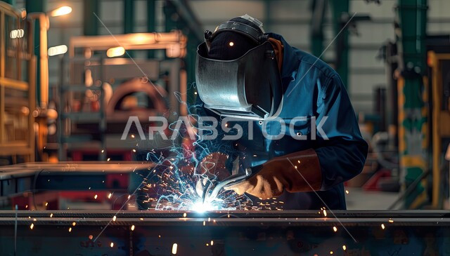 مصانع المعادن الخام في المملكة العربية السعودية, المهارة في اتقان العمل في مصنع الحداده، المعدات والآلات الثقيلة، خط إنتاج الفولاذ والمعادن المختلفة, حداد عربي خليجي سعودي يرتدي ملابس الحماية يقوم بلحام الحديد