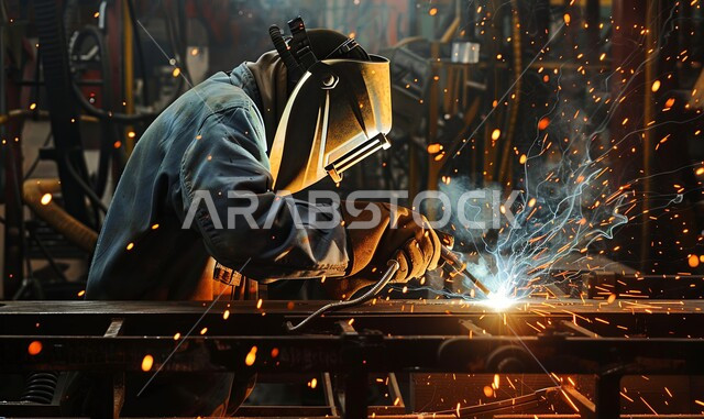 المهارة في اتقان العمل في مصنع الحداده، المعدات والآلات الثقيلة، خط إنتاج الفولاذ والمعادن المختلفة, مصانع المعادن الخام في المملكة العربية السعودية, حداد عربي خليجي سعودي يرتدي ملابس الحماية يقوم بلحام الحديد