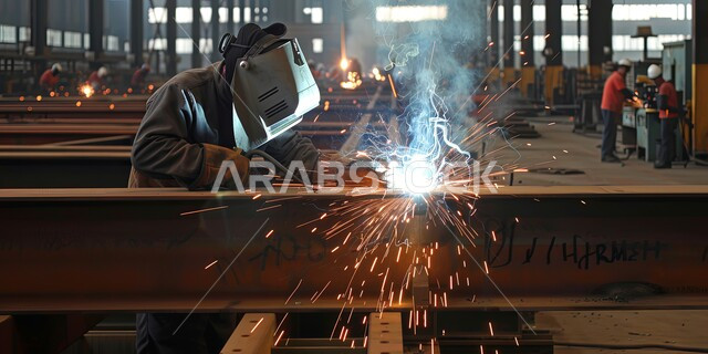 Raw metal factories in Saudi Arabia, skill in mastering work in the blacksmith factory, a Saudi Arabian Gulf blacksmith wearing protective clothing welds iron, production line of steel and various metals, heavy machinery and equipment