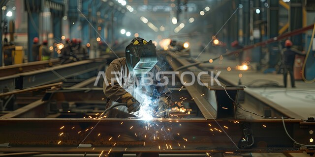 المهارة في اتقان العمل في مصنع الحداده، مصانع المعادن الخام في المملكة العربية السعودية, حداد عربي خليجي سعودي يرتدي ملابس الحماية يقوم بلحام الحديد، خط إنتاج الفولاذ والمعادن المختلفة, الآلات والمعدات الثقيلة