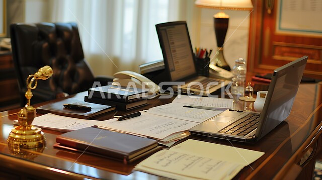 طاولة عمل خشبية مجهزة باللوازم المكتبية، العمل على الحاسوب المحمول، استخدام الاجهزة التقنية الحديثة في المكاتب، مهن ووظائف ادارية، ديكورات وتصاميم مكتبية راقية