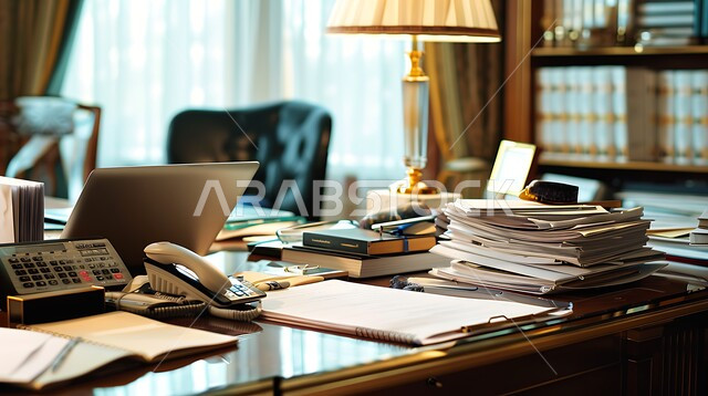 طاولة عمل خشبية مجهزة باللوازم المكتبية، العمل على الحاسوب المحمول، استخدام الاجهزة التقنية الحديثة في المكاتب، مهن ووظائف ادارية، ديكورات وتصاميم مكتبية راقية