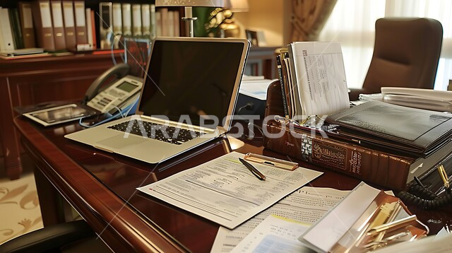 طاولة عمل خشبية مجهزة باللوازم المكتبية، العمل على الحاسوب المحمول، استخدام الاجهزة التقنية الحديثة في المكاتب، مهن ووظائف ادارية، ديكورات وتصاميم مكتبية راقية