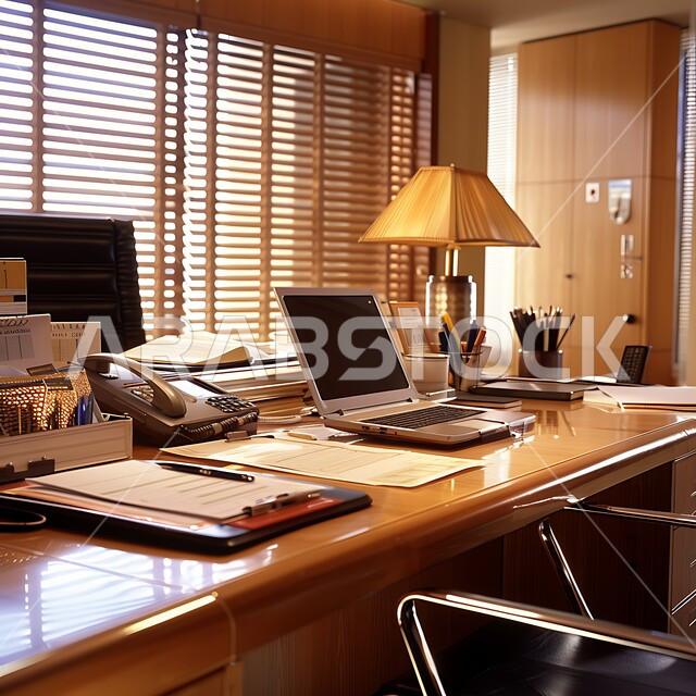 طاولة عمل خشبية مجهزة باللوازم المكتبية، العمل على الحاسوب المحمول، استخدام الاجهزة التقنية الحديثة في المكاتب، مهن ووظائف ادارية، ديكورات وتصاميم مكتبية راقية
