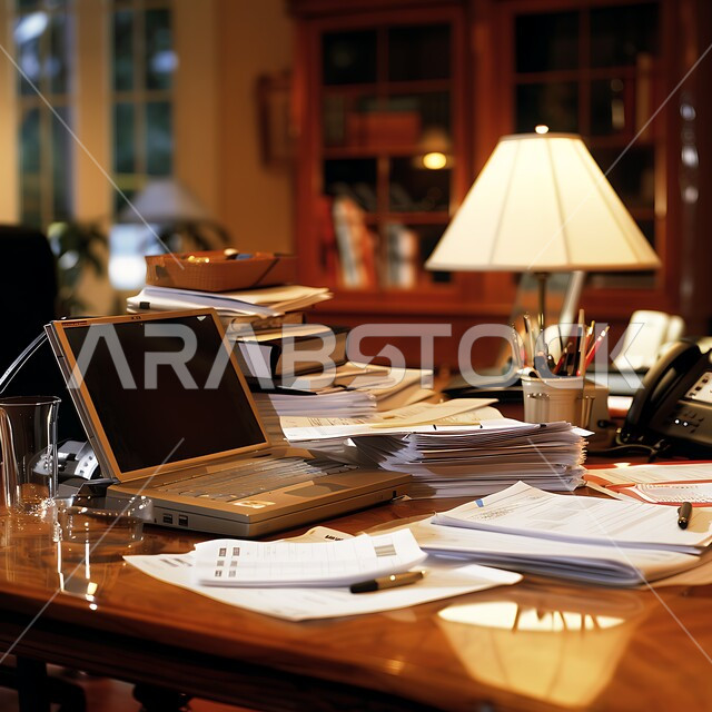 طاولة عمل خشبية مجهزة باللوازم المكتبية، العمل على الحاسوب المحمول، استخدام الاجهزة التقنية الحديثة في المكاتب، مهن ووظائف ادارية، ديكورات وتصاميم مكتبية راقية