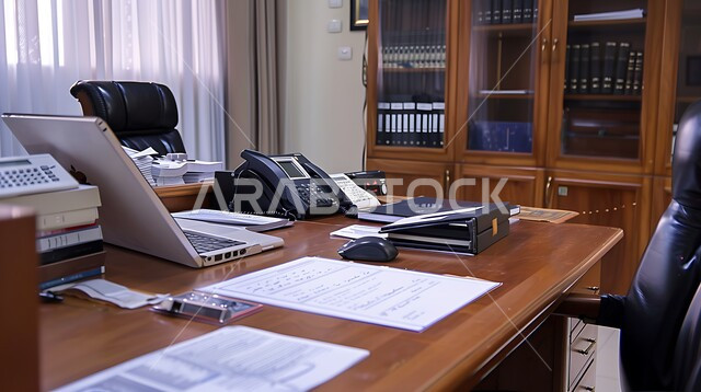 طاولة عمل خشبية مجهزة باللوازم المكتبية، العمل على الحاسوب المحمول، استخدام الاجهزة التقنية الحديثة في المكاتب، مهن ووظائف ادارية، ديكورات وتصاميم مكتبية راقية