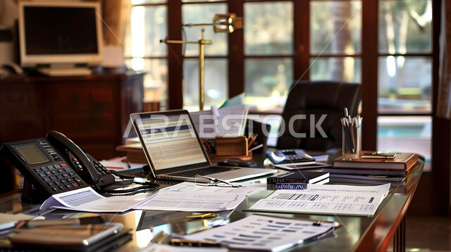 طاولة عمل خشبية مجهزة باللوازم المكتبية، العمل على الحاسوب المحمول، استخدام الاجهزة التقنية الحديثة في المكاتب، مهن ووظائف ادارية، ديكورات وتصاميم مكتبية راقية