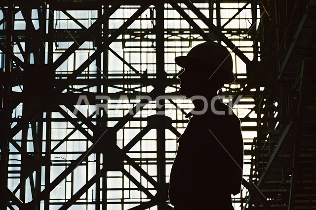 الاشراف والتدقيق في المعامل الصناعية، مصانع المملكة العربية السعودية, العمل في المجال الصناعي, وظائف ومهن شبابية في المملكة العربية السعودية, صورة ظلية لمهندس عربي خليجي سعودي يرتدي السترة وخوذة الحماية يتجول في المصنع, سالويت