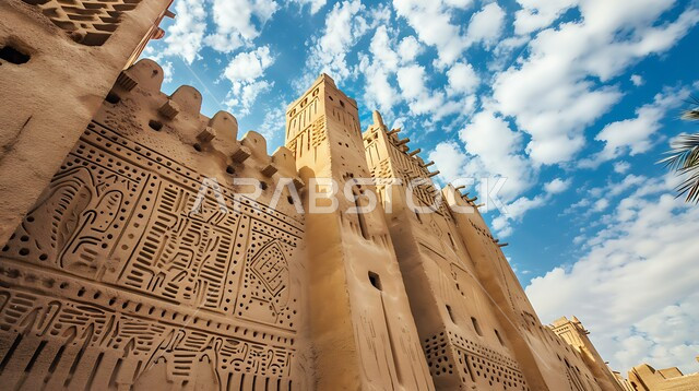 الفن الهندسي المعماري على الطراز القديم للقلاع الأثرية، معالم سياحية مشهورة في المملكة العربية السعودية، جذب السياح من شتى أنحاء العالم، القلاع التراثية المشيدة من الحجارة، منظر السماء المليئة بالغيوم البيضاء