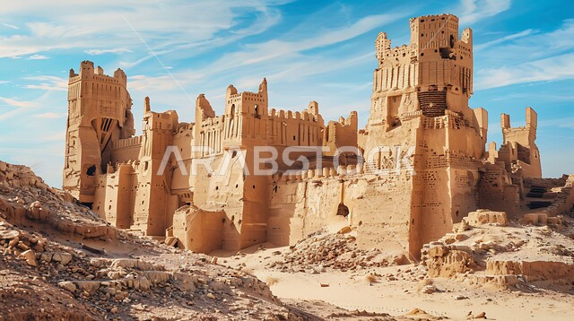 الفن الهندسي المعماري على الطراز القديم للقلاع الأثرية، معالم سياحية مشهورة في المملكة العربية السعودية، جذب السياح من شتى أنحاء العالم، القلاع التراثية المشيدة من الحجارة، منظر السماء المليئة بالغيوم البيضاء
