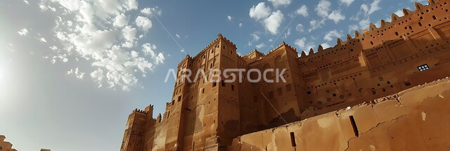 الفن الهندسي المعماري على الطراز القديم للقلاع الأثرية، معالم سياحية مشهورة في المملكة العربية السعودية، جذب السياح من شتى أنحاء العالم، القلاع التراثية المشيدة من الحجارة، منظر السماء المليئة بالغيوم البيضاء