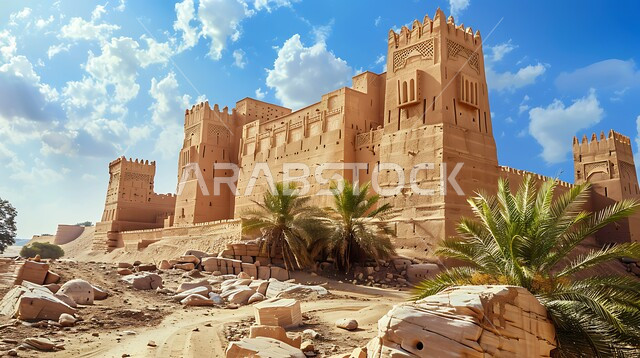 الفن الهندسي المعماري على الطراز القديم للقلاع الأثرية، معالم سياحية مشهورة في المملكة العربية السعودية، جذب السياح من شتى أنحاء العالم، القلاع التراثية المشيدة من الحجارة، منظر السماء المليئة بالغيوم البيضاء