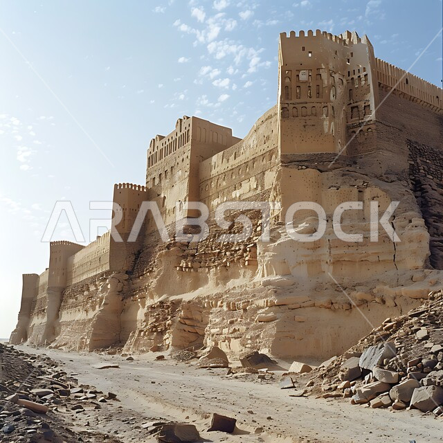 الفن الهندسي المعماري على الطراز القديم للقلاع الأثرية، معالم سياحية مشهورة في المملكة العربية السعودية، جذب السياح من شتى أنحاء العالم، القلاع التراثية المشيدة من الحجارة، منظر السماء المليئة بالغيوم البيضاء