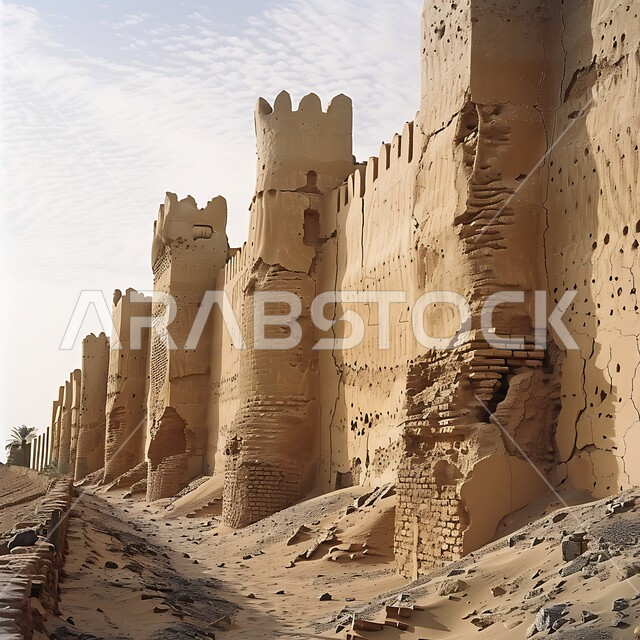 Ancient architectural style of ancient castles, famous tourist attractions in Saudi Arabia, attracting tourists from all over the world, heritage castles built of stones, view of the sky filled with white clouds